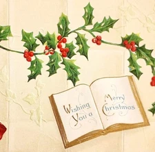 1900s Greeting Card Postcard Merry Christmas Holly Embossed Ephemera E83B