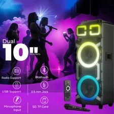 Dual 10  High-Power 100W Party Bluetooth Speaker w/X-BASS LED  Lights  Mic