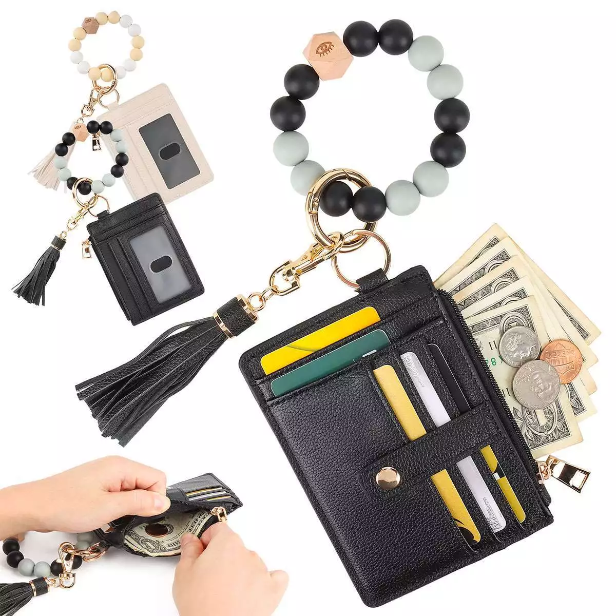 Women Wristlet Bracelet Keychain Wallet, Silicone Beaded Bangle Keyring  Tassel