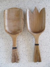 VINTAGE SET SALAD SERVERS, HAND CARVED HARDWOOD, 9" L X 3" W X 3/4" D, VERY NICE