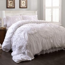 Lush Decor Serena Comforter Set, 3 Piece Set, King, White - Ruched Ruffled Fl...