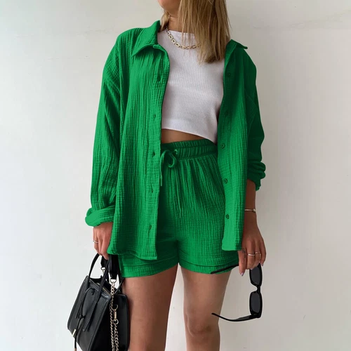 Sommer Damen Musselin Bluse Shirt und Shorts Kleidung Set Strand Outfit Zweiteiler - Bild 11 von 45
