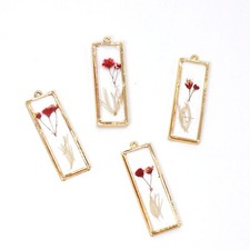 4PCS Gold Tone Real Dry Flower Resin Rectangle Charm Pendant Supply GBY411-2