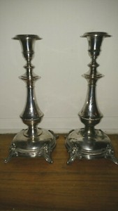 Antique Continental silver Judaica Sabbath candlesticks Medallion Faces Feet