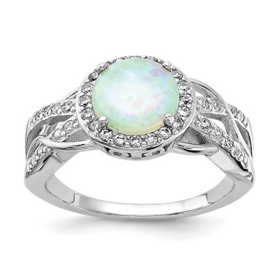 Cheryl M Silver  Cabochon Lab Created Opal and Brilliant-cut CZ Woven Pattern Ri
