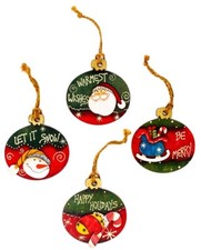 Set of 4 painted Wooden Christmas Ornament Decorations / Gift Tags / Jute Hanger