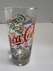 VTG 6.25” Coca-Cola Multicolored Logos Thick Bottom Clear Glass Tumbler 14oz EUC