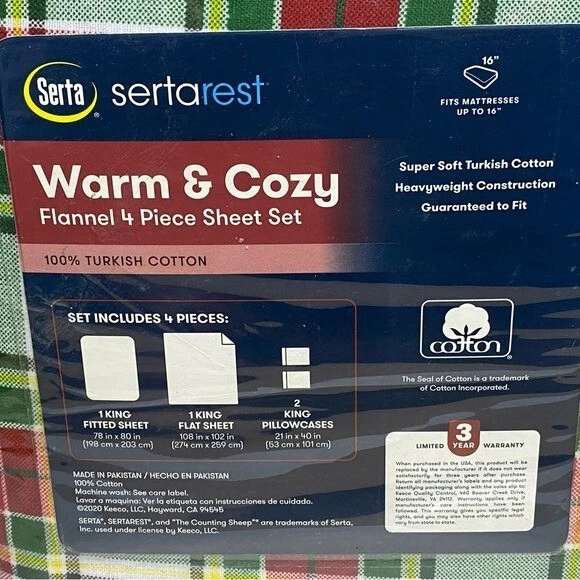 Serta Flannel King Sheet Set Heavy Tartan Plaid Soft Cozy Cotton Holiday - Image 4 of 4