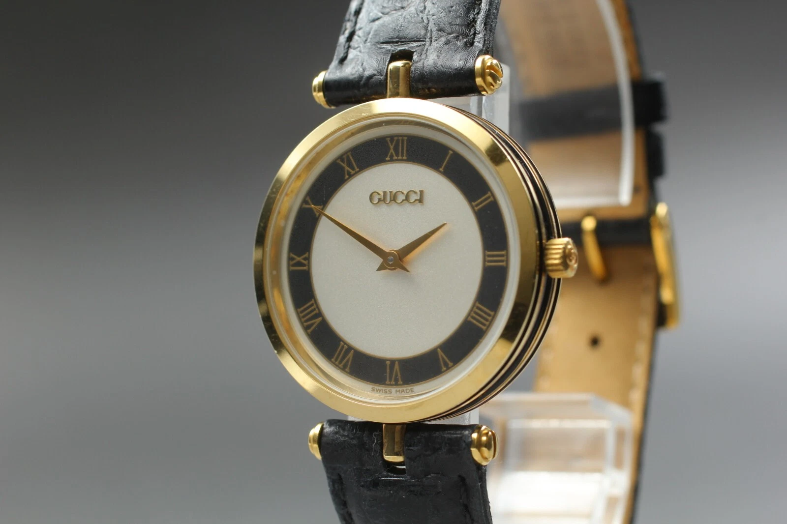 Montre homme vintage Exc+5 Gucci 2000M cadran romain noir quartz doré JAPON