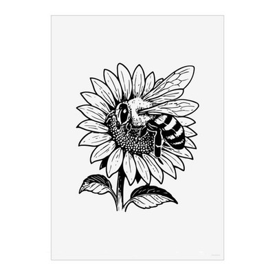 Wandbilder Poster Drucke ''Biene bestäubt eine Sonnenblume im Garten'' (PP057733)
