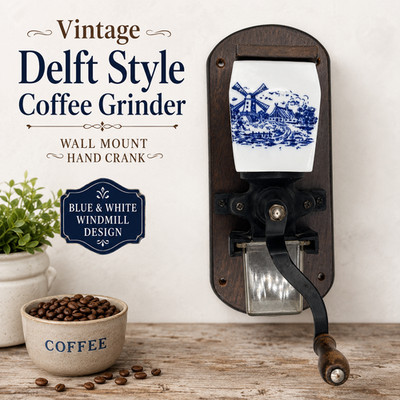 Vintage Wall Mount Coffee Grinder Delft Blue Windmill Hand Crank Wood