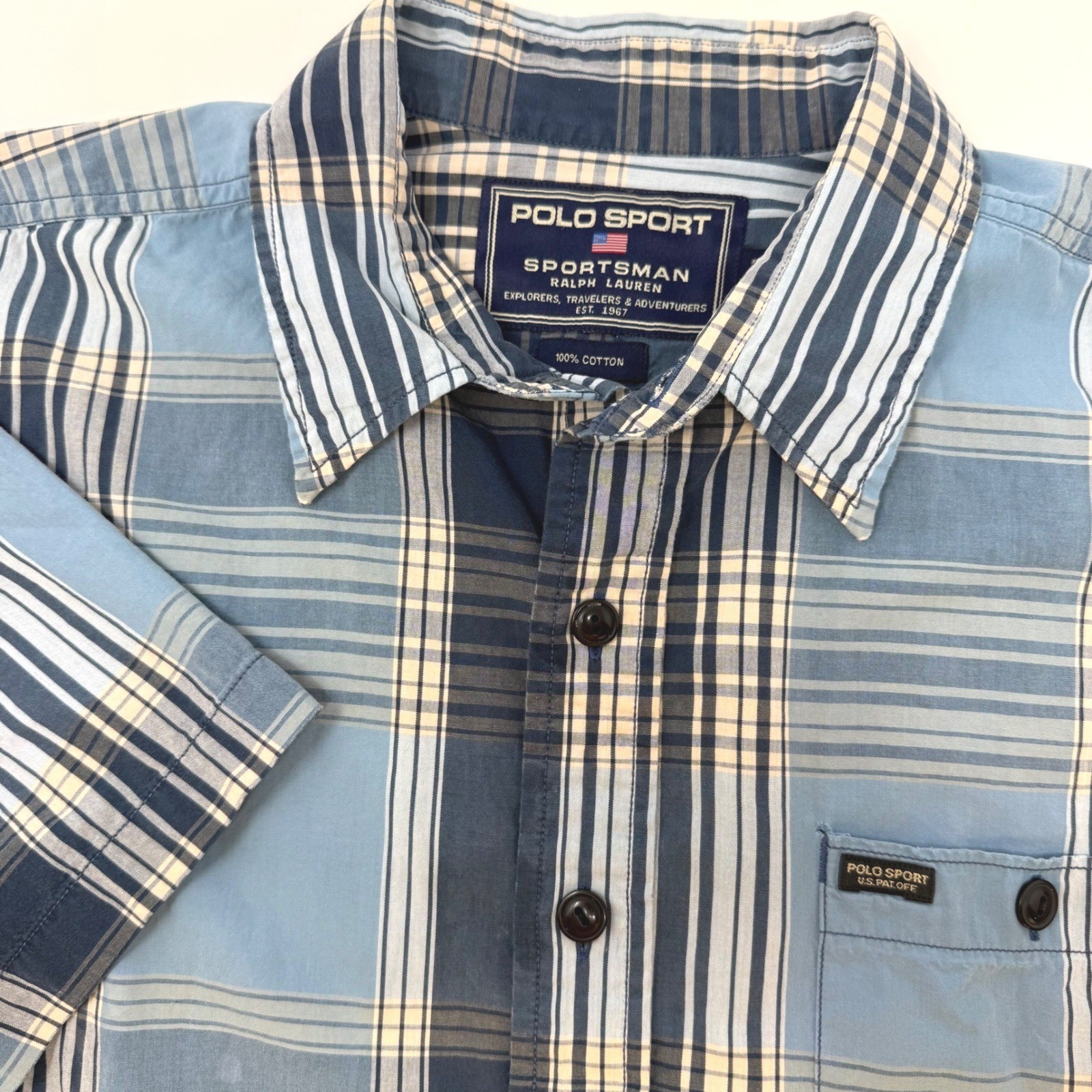 Vintage Polo Sport Sportsman Ralph Lauren Blue Plaid Short Sleeve Shirt Mens XL