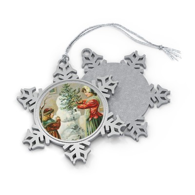 Making a Snowman - Victorian Vintage Postcard Art - Pewter Snowflake Ornament 