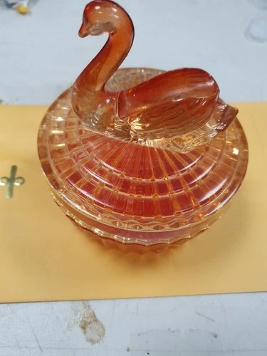 Vintage Jeanette Amberina Glass Powder Dish w/Swan Lipstick Holder Lid