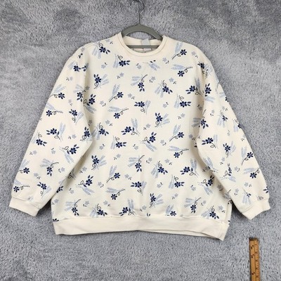Vintage Classic Elements Sweatshirt Womens 2X White Blue Floral Boho Cottage 90s