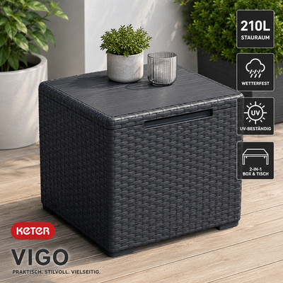 Keter Vigo 210L Gartenbox Beistelltisch - Wetterfest, Rattan-Optik, Anthrazit