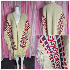 Vintage Beige Boho Crochet Fringe Open Heavyweight Shawl Poncho One Size
