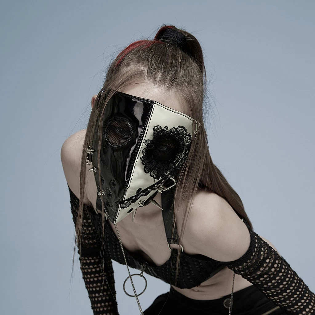 Gothic Leather Look Face Mask Lace Spiked Mesh Eye Horror Cosplay Mask