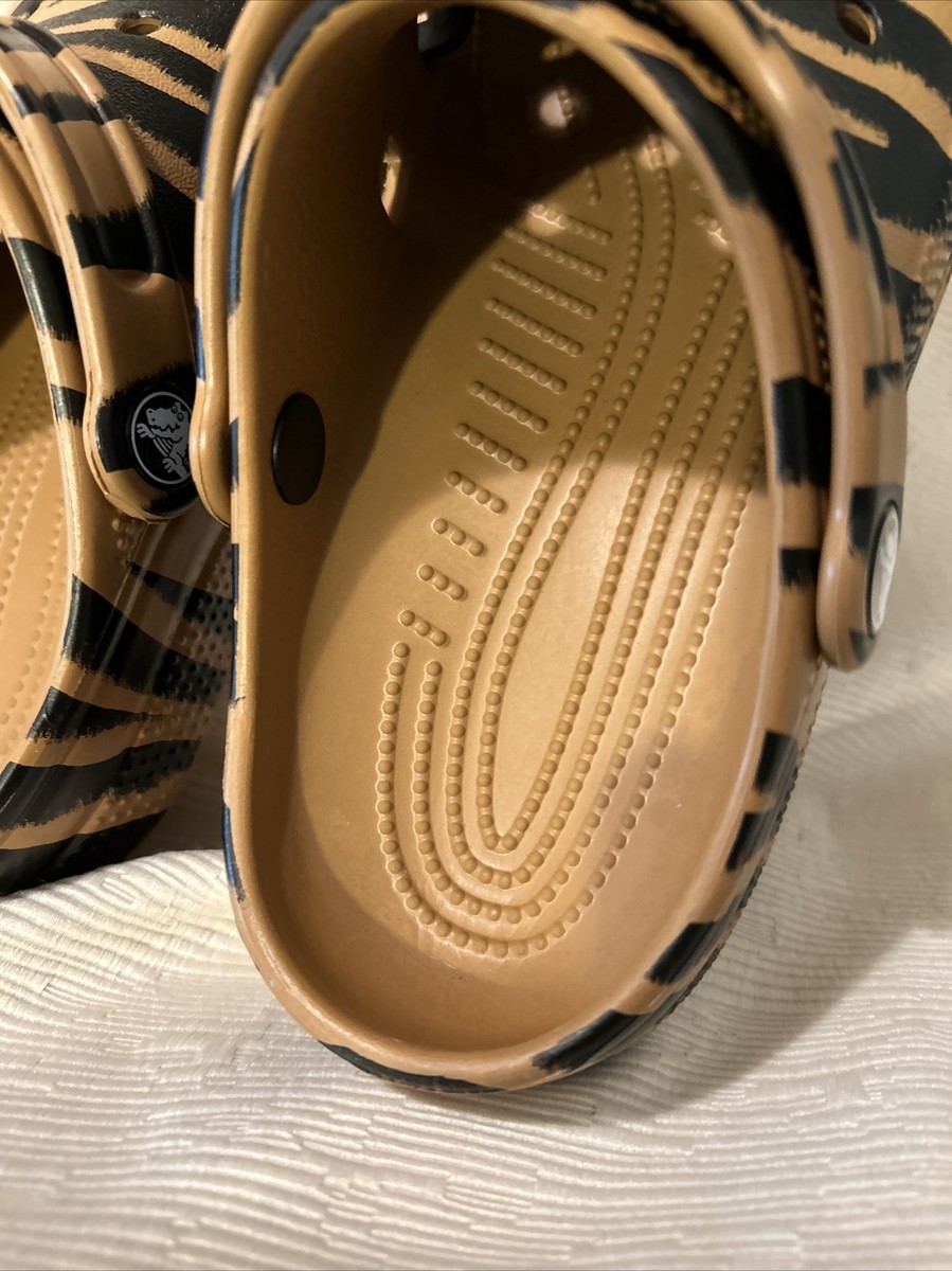 CROCS Adult Unisex Zebra Print CROCS with Beige Strap Crocs Gold/Black Zebra Adult Unisex Clog Shoes Men(2)Women(4  main image 2
