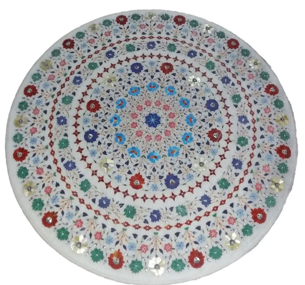 36-inch handmade floral inlay marble tabletop with precious stones