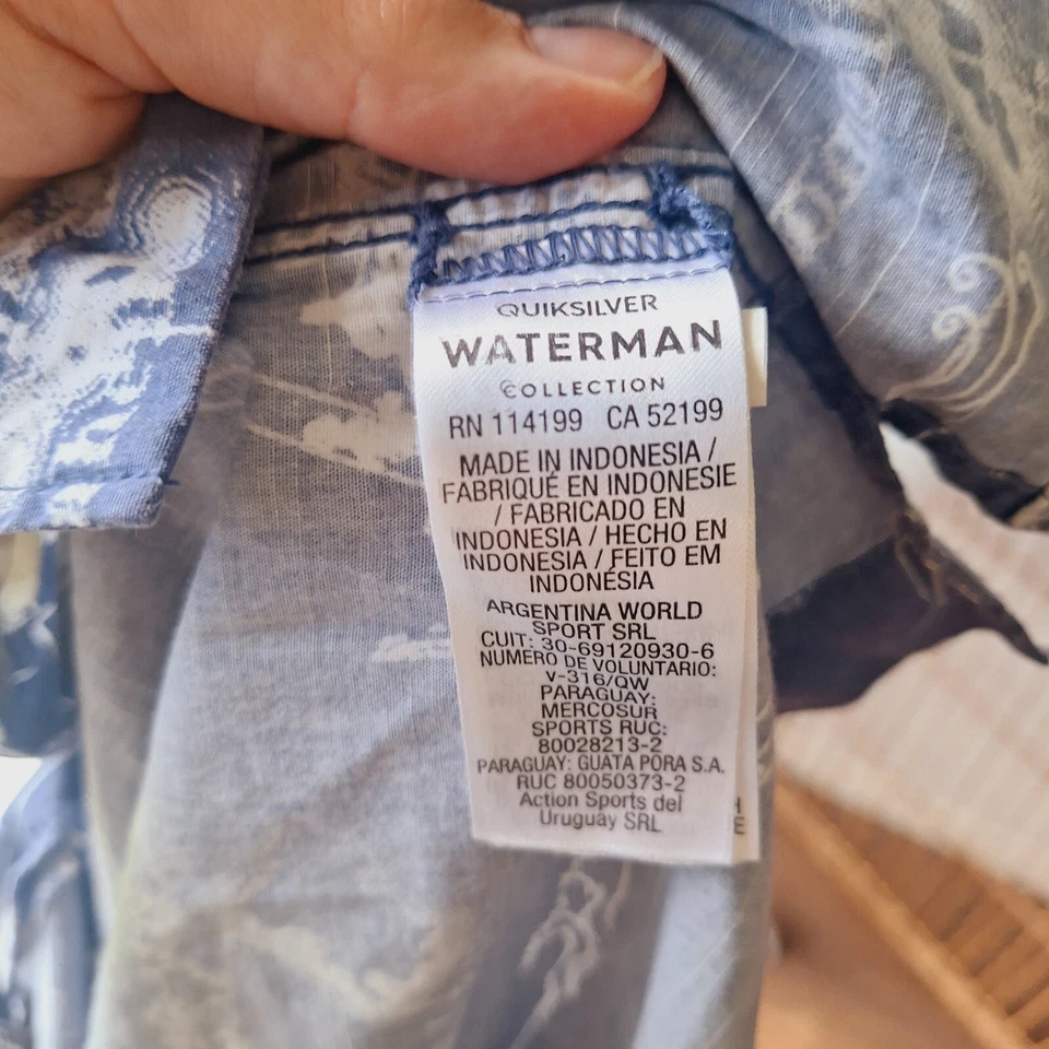 Quiksilver Waterman Collection Blue Atlas Print Shirt L Button Up Loud Print EUC - Image 4 of 4