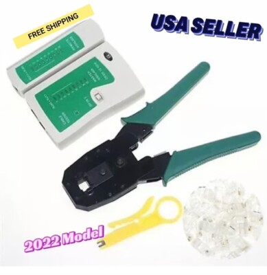 Cable Tester + Crimp Crimper + 100 RJ45 CAT5 Modular Connector Network Tool Kit 