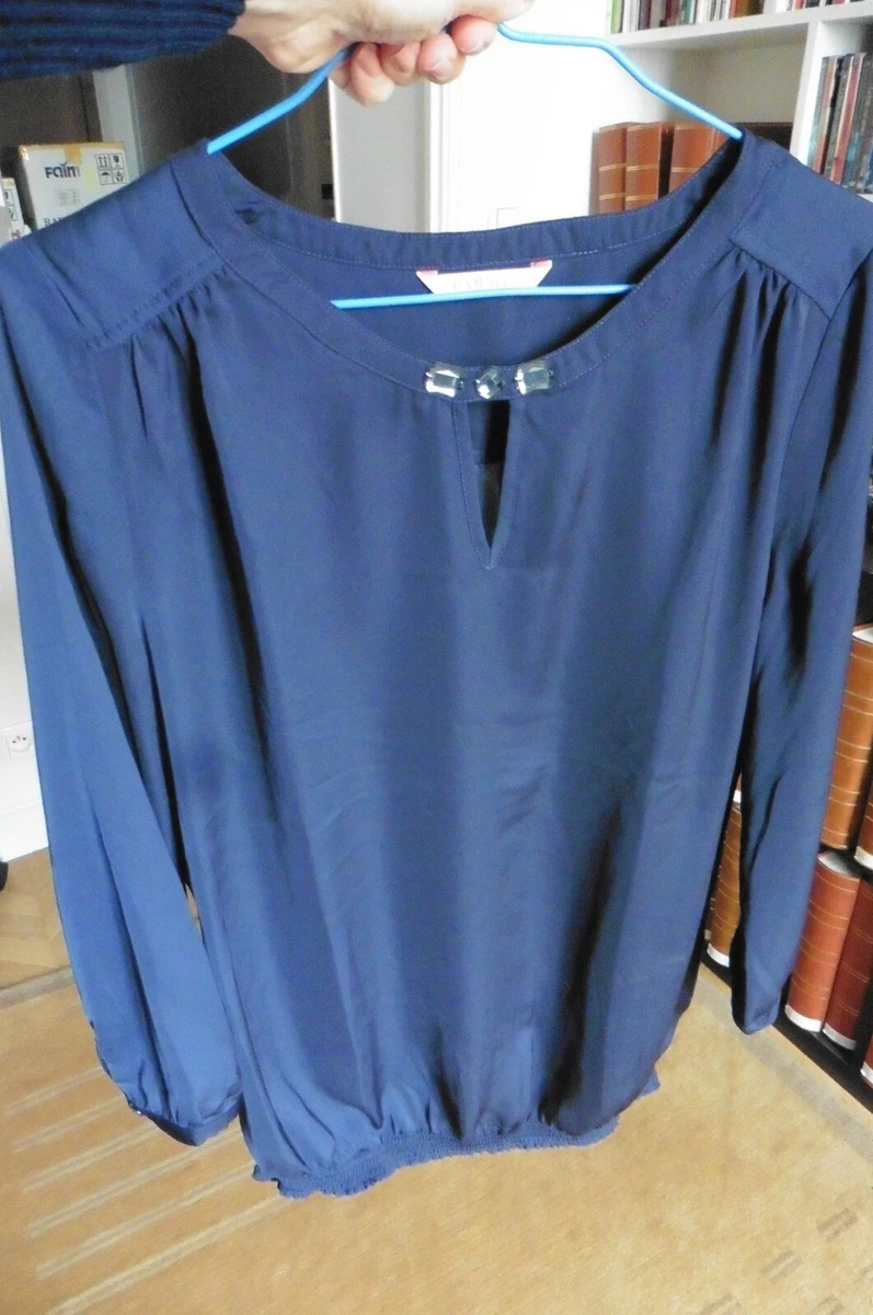 Neuf Haut tunique chemisier CAMAIEU toucher soie bleu nuit strass Taille 40 eBay