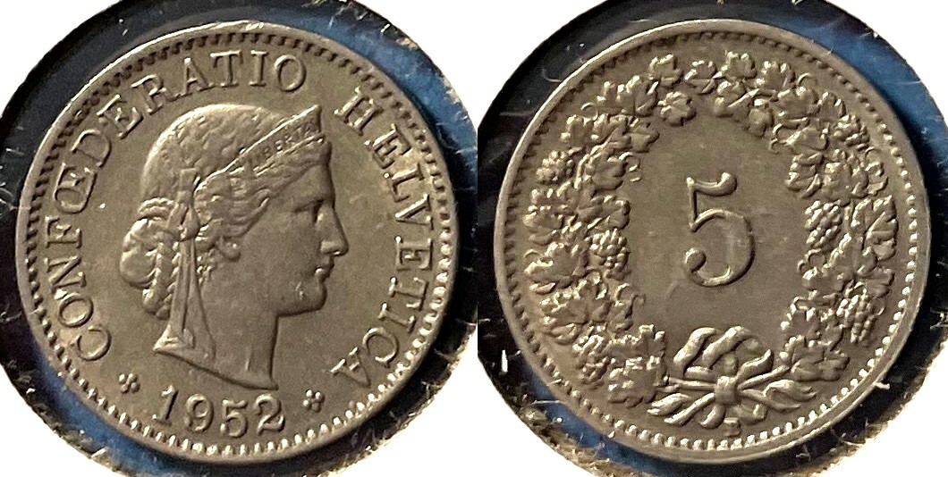 Switzerland 1952 5 Rappen KM-26 Copper-nickel BUNC #9 - US Seller