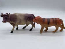 lot of 2 Vintage celluloid plastic farm animal Bull and Tiger Made In Japan