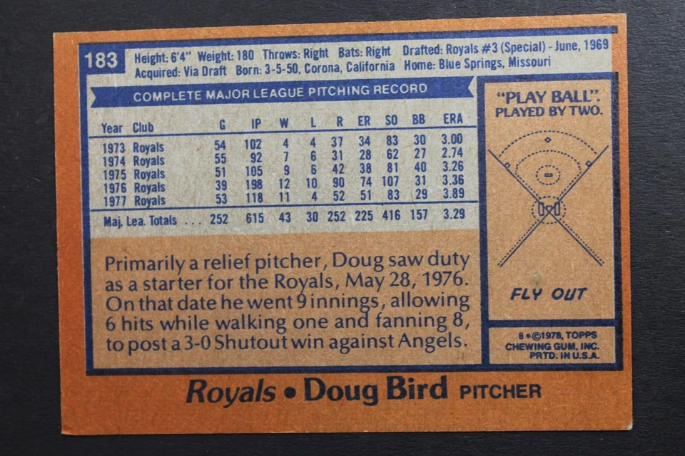 Doug Bird Kansas City Royals Autographed Signed 1978 Topps #183 Card - Image 2 of 4