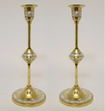 Candle Holder 4"D 10"Hi Set/2 Brass Mother of Pearl Inlay Round FREE SHIPPING