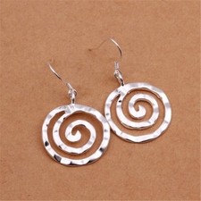 925 Sterling Silver Circle Swirl Round Spiral Dangle Drop Hook Earrings E56