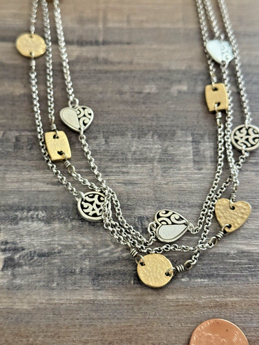 Brighton Deco Gold Short Silver Gold Heart Triple Strand Necklace - Picture 10 of 10