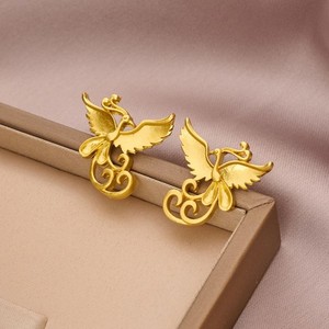 Authentic Gold Plated Phoenix Stud Earrings Vintage Chinese Style Womens Jewelry