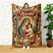 Haloed Woman And Child Roses Coral Fleece Blanket Personalized Name