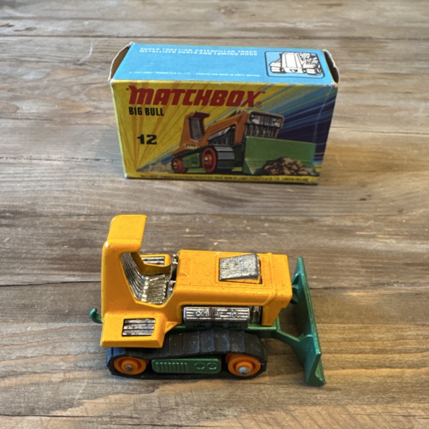 Lesney Matchbox Superfast #12 Big Bull Bulldozer w/ Original Box. Vintage 1970s