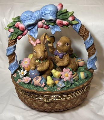 Porcelain Easter Bunnies Rabbits Basket Large Trinket Box Candy Cookies Treats