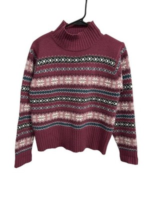 Vintage Crystal Kobe Fair Isle Turtleneck Pullover Sweater Burgundy Sz Small