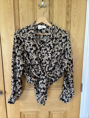Ba&sh Lady Shirt Summer Crop Blouse Tie Waist Black Camel Floral 1 8 10 Bash