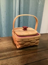 Longerberger 2001 Tarragon Basket Handle Red, With Lid, Liner And Protector