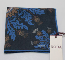 Roda NWT Wool/Silk Blend Pocket Square In Dark Blue w/ Light Blue Brown Floral