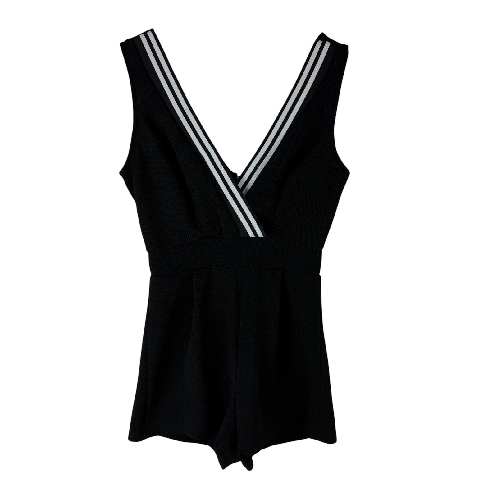 Blue Mint Women's Small Black Striped V-Neck Sleeveless Waffle Knit Romper