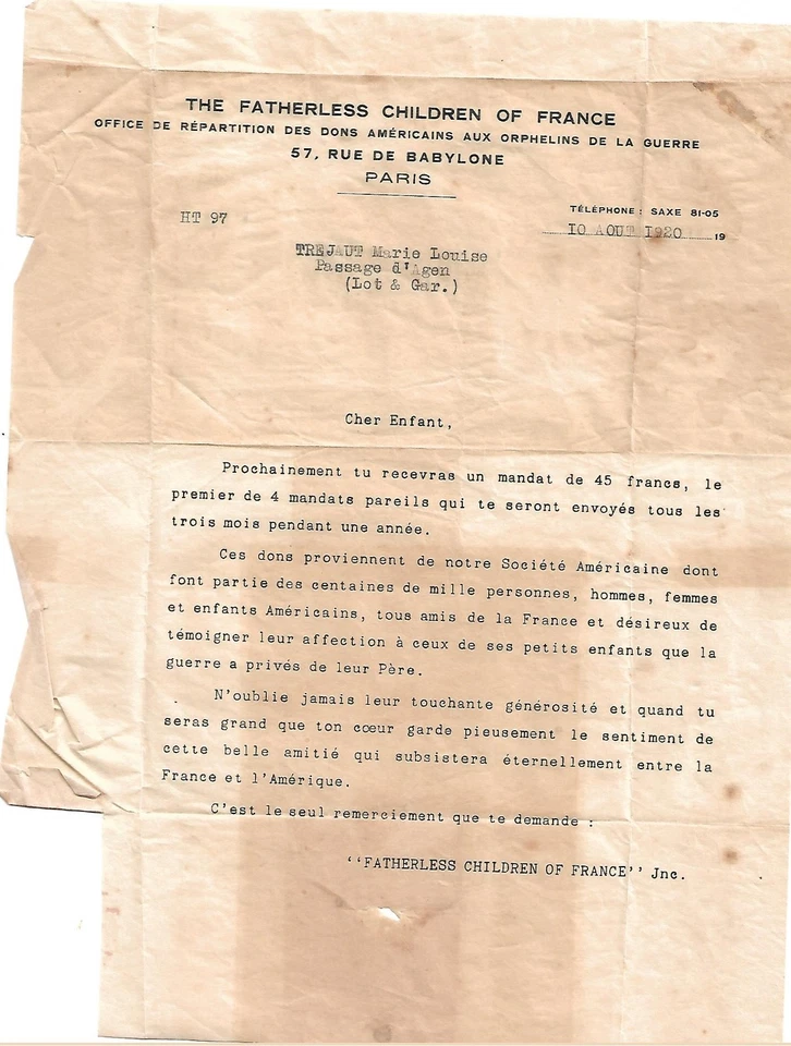 guerre 1914-1918 document Fatherless children of France - Photo 1/1