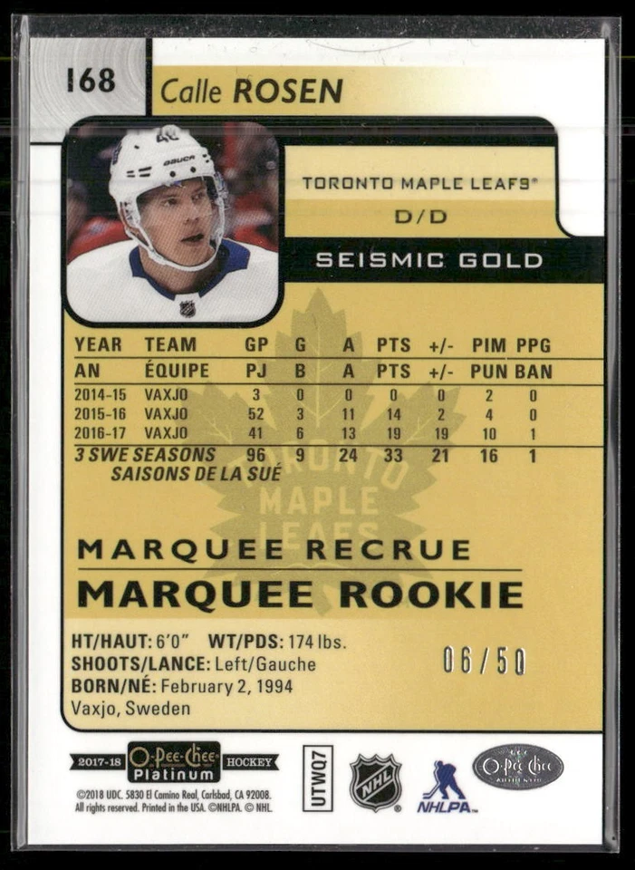 2017-18 O-Pee-Chee Platinum Calle Rosen Seismic Gold RC /50 #168 Maple Leafs - Image 2 of 2