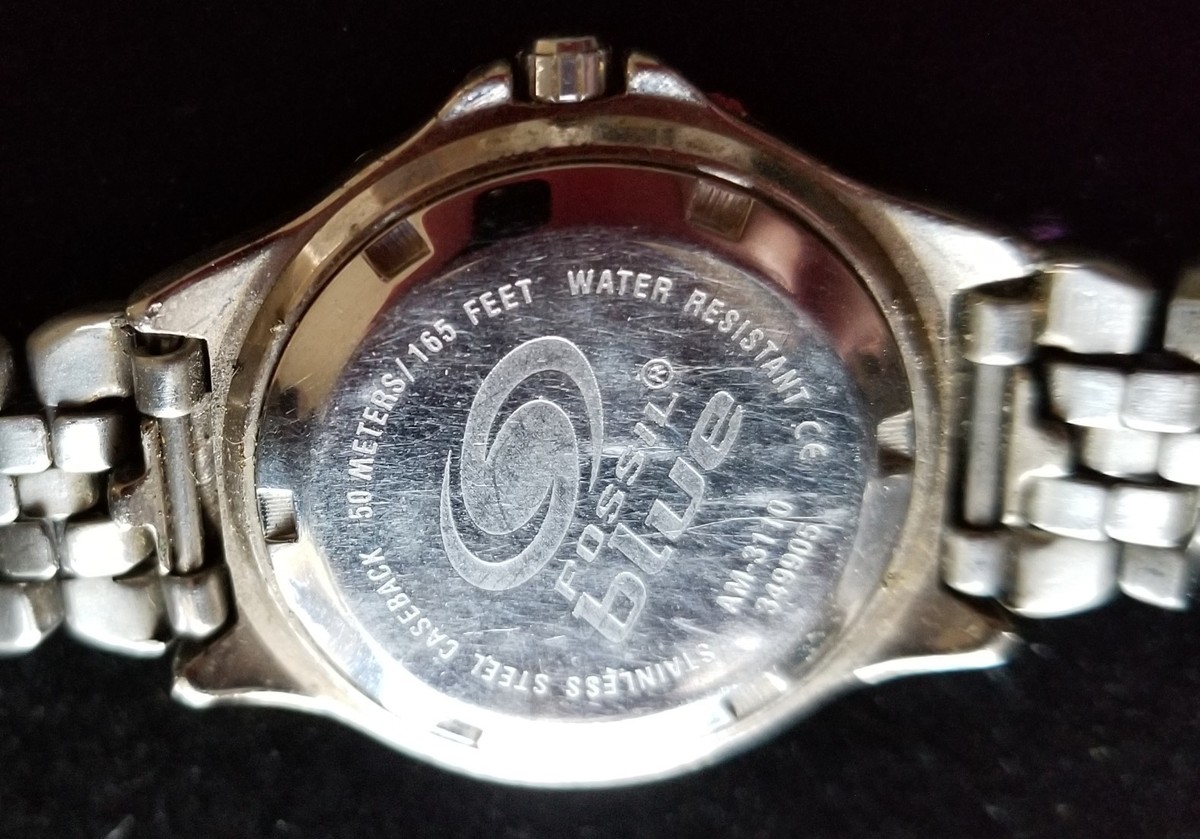 FOSSIL Blue Silver Tone Watch Black Dial AM3110 Link Band