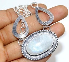 925 Silver Plated Pretty Rainbow Moonstone Necklace 18" Bridal Jewelry GW