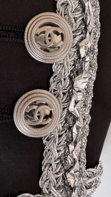 NWT CHANEL 20S BLACK SILVER BRAID TRIM CC BUTTONS RUNWAY SILK