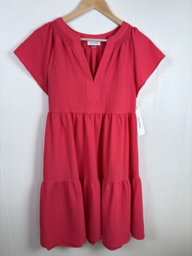 NWT Calvin Klein Pink Coral Short Sleeve Tiered Dress Size 8 Above Knee $134