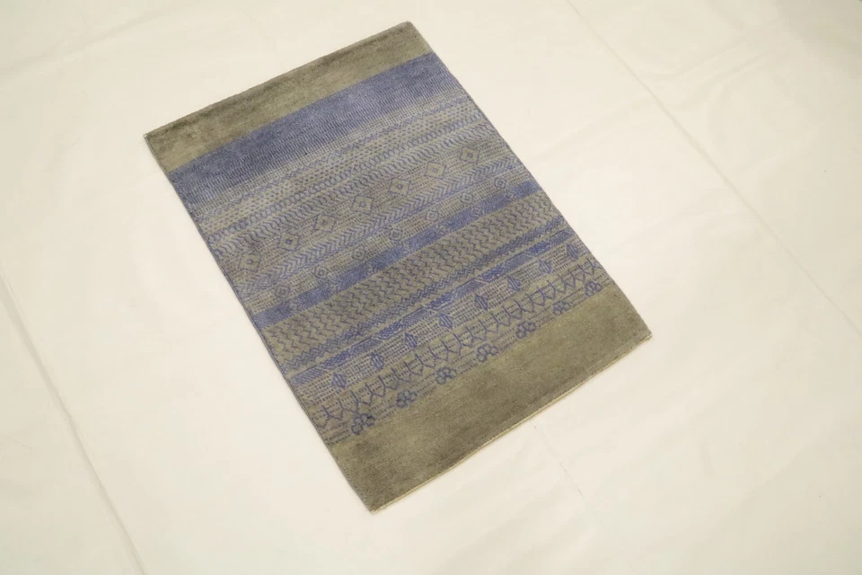 Gray Blue Gabbeh  Afghan Hand Knotted Striped Lori Baft 2'5"x3'4" Wool Area Rug - Image 4 of 4