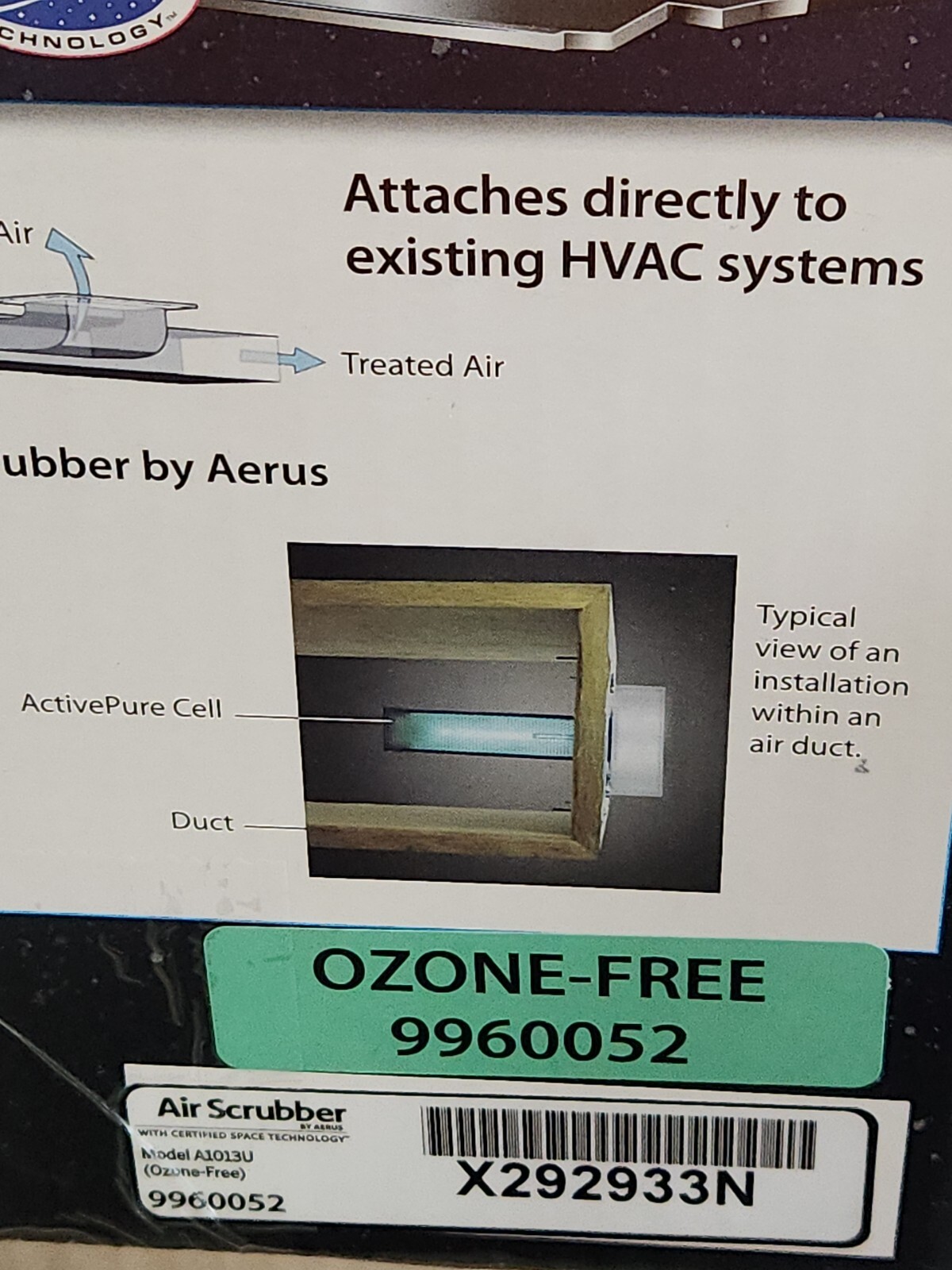 Aerus Air Scrubber Duct Mounted System OZONE FREE Air Purifier A1013U